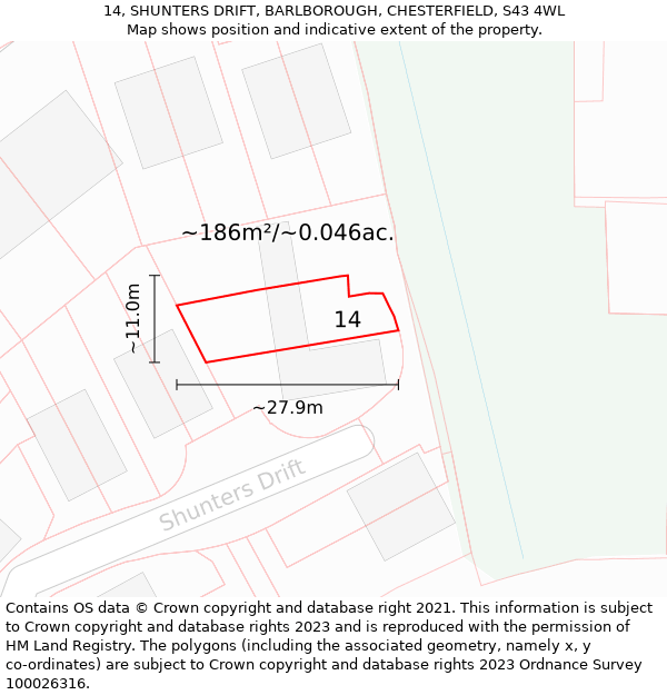 14, SHUNTERS DRIFT, BARLBOROUGH, CHESTERFIELD, S43 4WL: Plot and title map