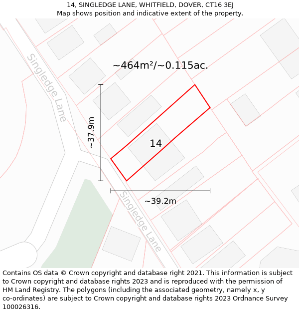 14, SINGLEDGE LANE, WHITFIELD, DOVER, CT16 3EJ: Plot and title map