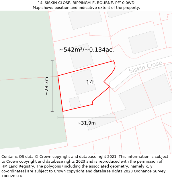 14, SISKIN CLOSE, RIPPINGALE, BOURNE, PE10 0WD: Plot and title map