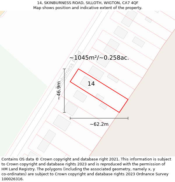 14, SKINBURNESS ROAD, SILLOTH, WIGTON, CA7 4QF: Plot and title map