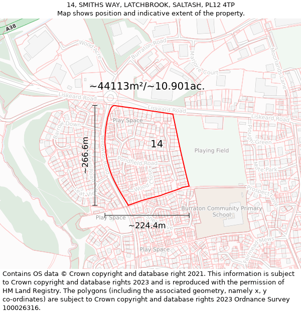 14, SMITHS WAY, LATCHBROOK, SALTASH, PL12 4TP: Plot and title map