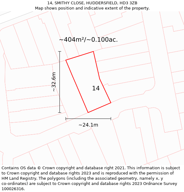 14, SMITHY CLOSE, HUDDERSFIELD, HD3 3ZB: Plot and title map