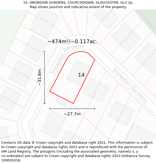 14, SNOWDON GARDENS, CHURCHDOWN, GLOUCESTER, GL3 1JL: Plot and title map