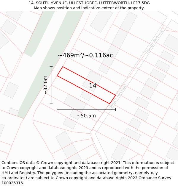 14, SOUTH AVENUE, ULLESTHORPE, LUTTERWORTH, LE17 5DG: Plot and title map