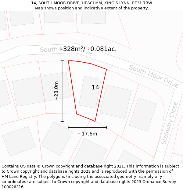 14, SOUTH MOOR DRIVE, HEACHAM, KING'S LYNN, PE31 7BW: Plot and title map