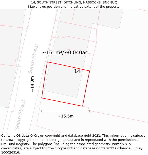 14, SOUTH STREET, DITCHLING, HASSOCKS, BN6 8UQ: Plot and title map