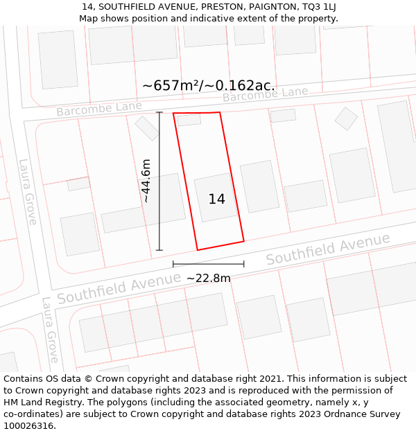 14, SOUTHFIELD AVENUE, PRESTON, PAIGNTON, TQ3 1LJ: Plot and title map