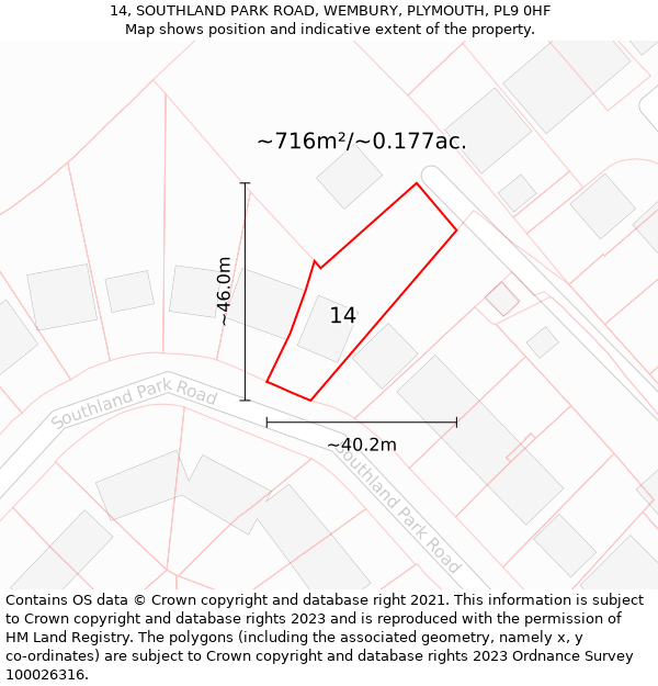 14, SOUTHLAND PARK ROAD, WEMBURY, PLYMOUTH, PL9 0HF: Plot and title map