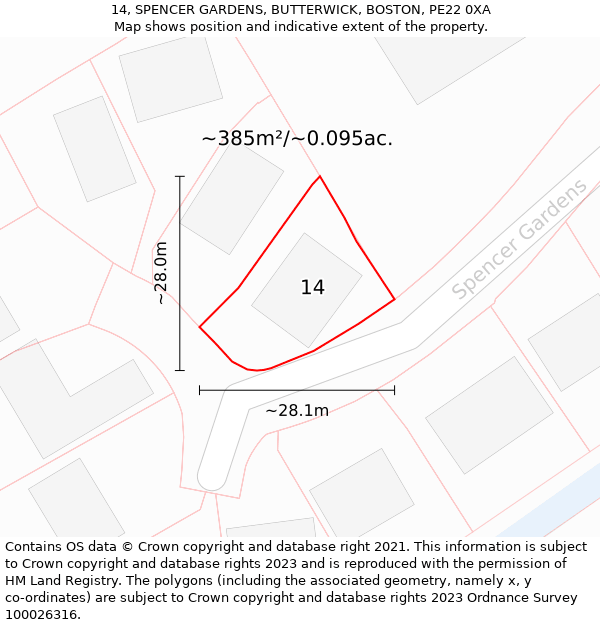 14, SPENCER GARDENS, BUTTERWICK, BOSTON, PE22 0XA: Plot and title map