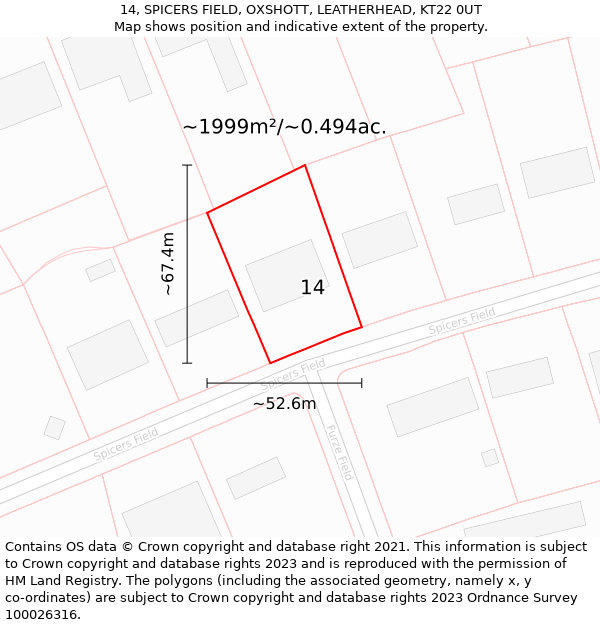 14, SPICERS FIELD, OXSHOTT, LEATHERHEAD, KT22 0UT: Plot and title map