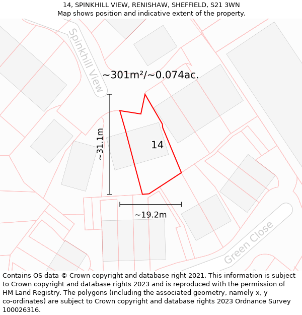 14, SPINKHILL VIEW, RENISHAW, SHEFFIELD, S21 3WN: Plot and title map