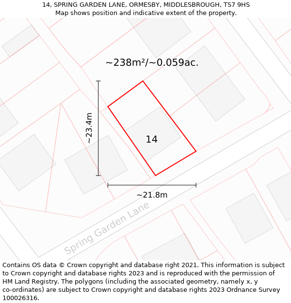 14, SPRING GARDEN LANE, ORMESBY, MIDDLESBROUGH, TS7 9HS: Plot and title map