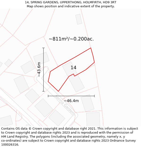 14, SPRING GARDENS, UPPERTHONG, HOLMFIRTH, HD9 3RT: Plot and title map