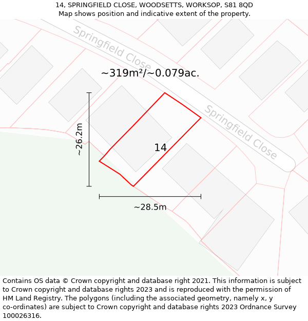 14, SPRINGFIELD CLOSE, WOODSETTS, WORKSOP, S81 8QD: Plot and title map