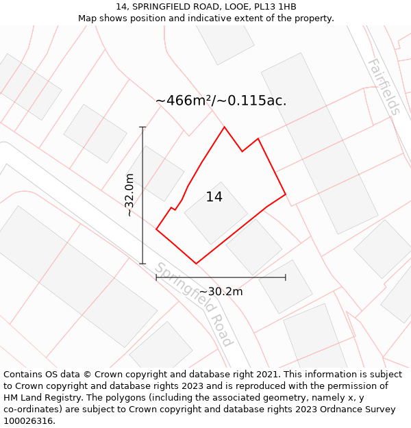 14, SPRINGFIELD ROAD, LOOE, PL13 1HB: Plot and title map