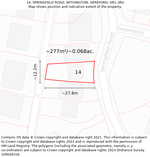 14, SPRINGFIELD ROAD, WITHINGTON, HEREFORD, HR1 3RU: Plot and title map
