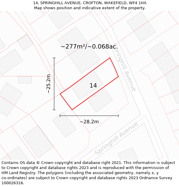 14, SPRINGHILL AVENUE, CROFTON, WAKEFIELD, WF4 1HA: Plot and title map