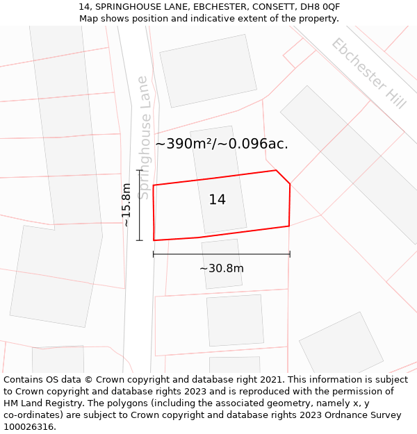 14, SPRINGHOUSE LANE, EBCHESTER, CONSETT, DH8 0QF: Plot and title map