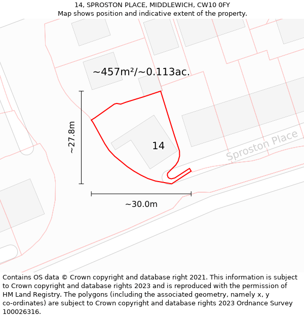 14, SPROSTON PLACE, MIDDLEWICH, CW10 0FY: Plot and title map