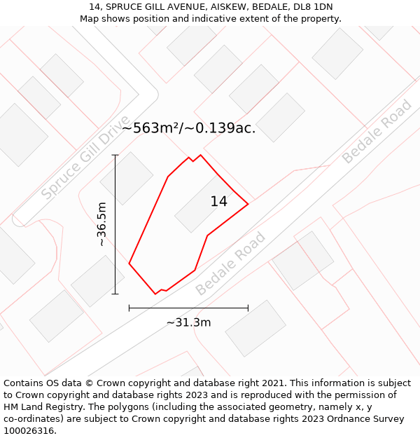 14, SPRUCE GILL AVENUE, AISKEW, BEDALE, DL8 1DN: Plot and title map