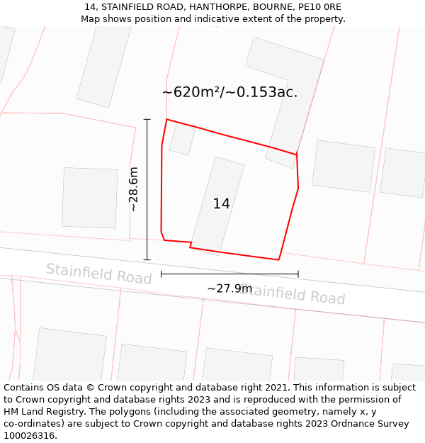 14, STAINFIELD ROAD, HANTHORPE, BOURNE, PE10 0RE: Plot and title map