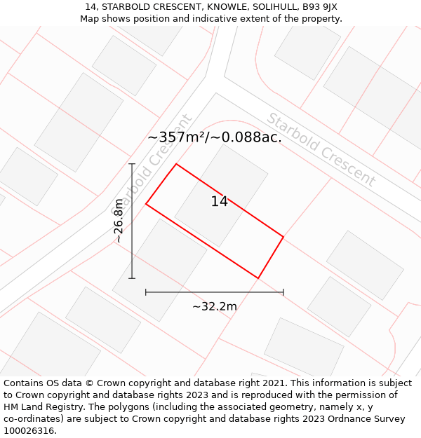 14, STARBOLD CRESCENT, KNOWLE, SOLIHULL, B93 9JX: Plot and title map