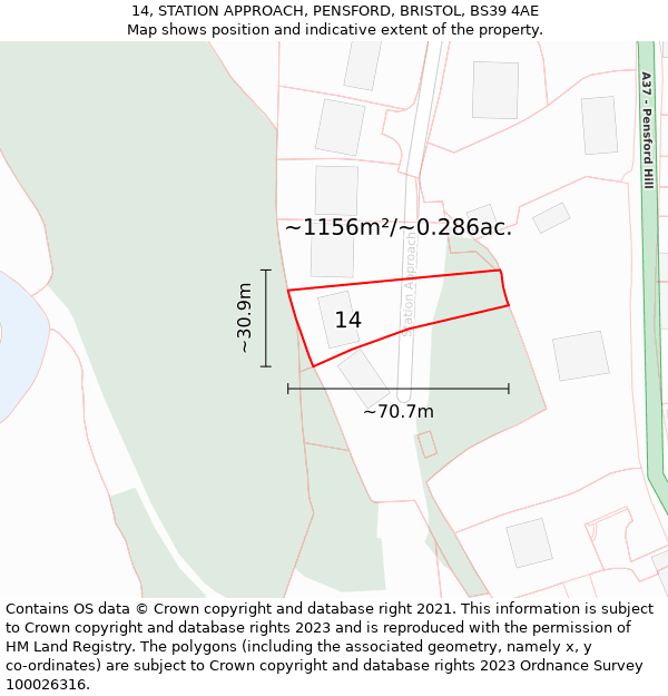 14, STATION APPROACH, PENSFORD, BRISTOL, BS39 4AE: Plot and title map