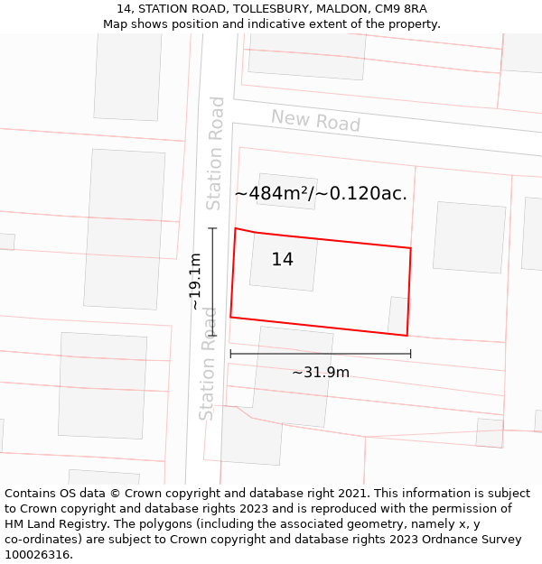 14, STATION ROAD, TOLLESBURY, MALDON, CM9 8RA: Plot and title map