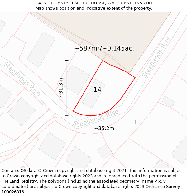 14, STEELLANDS RISE, TICEHURST, WADHURST, TN5 7DH: Plot and title map
