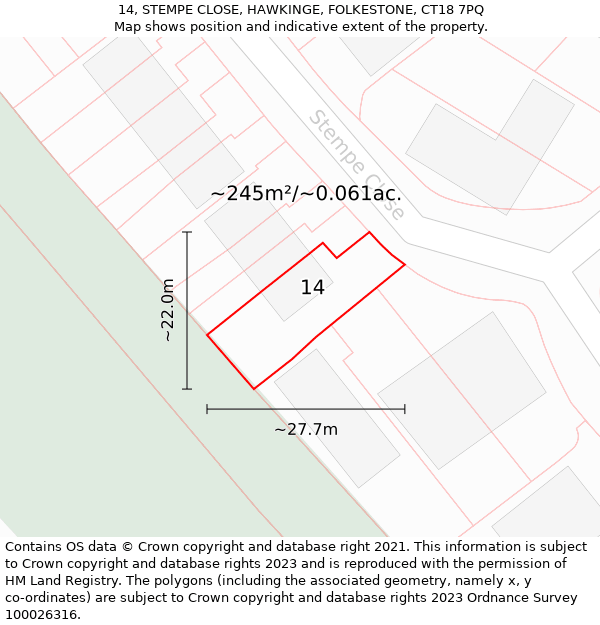 14, STEMPE CLOSE, HAWKINGE, FOLKESTONE, CT18 7PQ: Plot and title map