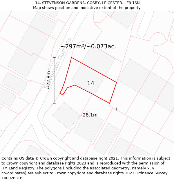 14, STEVENSON GARDENS, COSBY, LEICESTER, LE9 1SN: Plot and title map