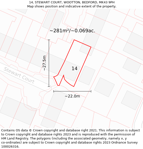 14, STEWART COURT, WOOTTON, BEDFORD, MK43 9PH: Plot and title map