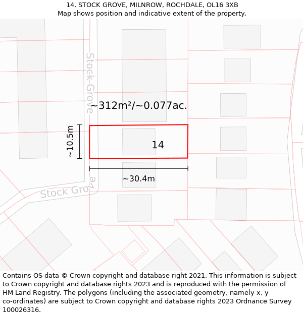 14, STOCK GROVE, MILNROW, ROCHDALE, OL16 3XB: Plot and title map