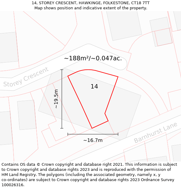 14, STOREY CRESCENT, HAWKINGE, FOLKESTONE, CT18 7TT: Plot and title map