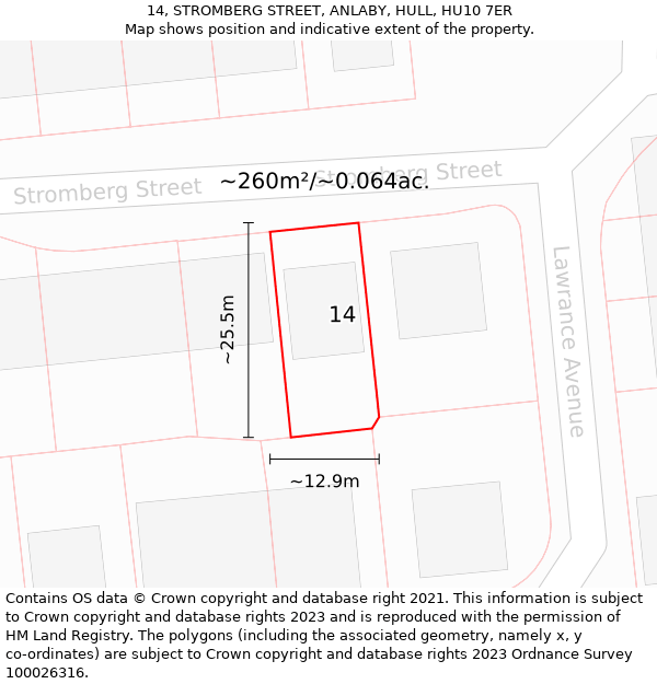 14, STROMBERG STREET, ANLABY, HULL, HU10 7ER: Plot and title map