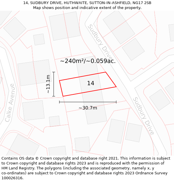 14, SUDBURY DRIVE, HUTHWAITE, SUTTON-IN-ASHFIELD, NG17 2SB: Plot and title map