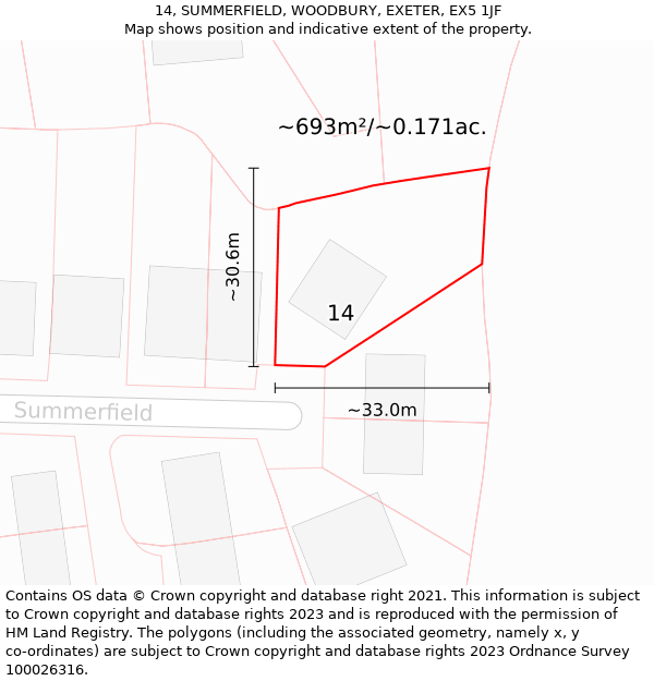 14, SUMMERFIELD, WOODBURY, EXETER, EX5 1JF: Plot and title map