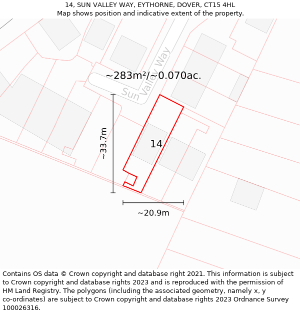 14, SUN VALLEY WAY, EYTHORNE, DOVER, CT15 4HL: Plot and title map