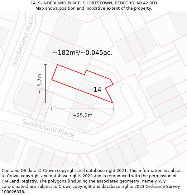 14, SUNDERLAND PLACE, SHORTSTOWN, BEDFORD, MK42 0FD: Plot and title map