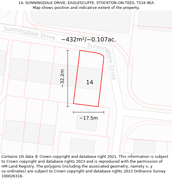 14, SUNNINGDALE DRIVE, EAGLESCLIFFE, STOCKTON-ON-TEES, TS16 9EA: Plot and title map
