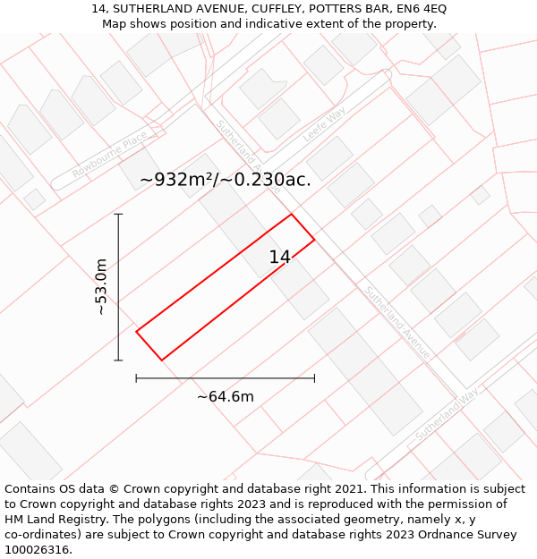 14, SUTHERLAND AVENUE, CUFFLEY, POTTERS BAR, EN6 4EQ: Plot and title map