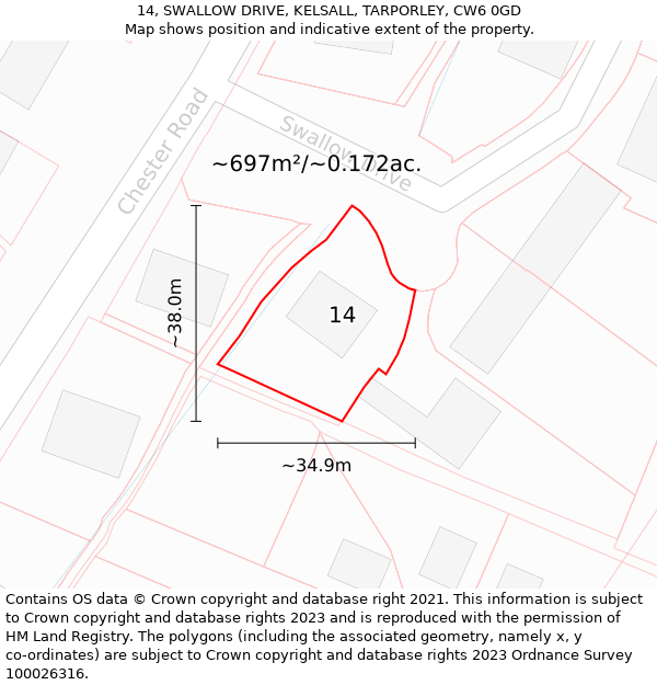 14, SWALLOW DRIVE, KELSALL, TARPORLEY, CW6 0GD: Plot and title map