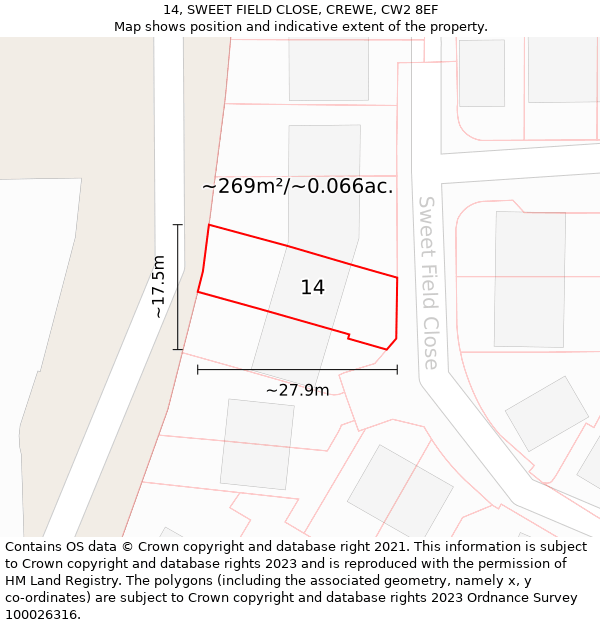 14, SWEET FIELD CLOSE, CREWE, CW2 8EF: Plot and title map