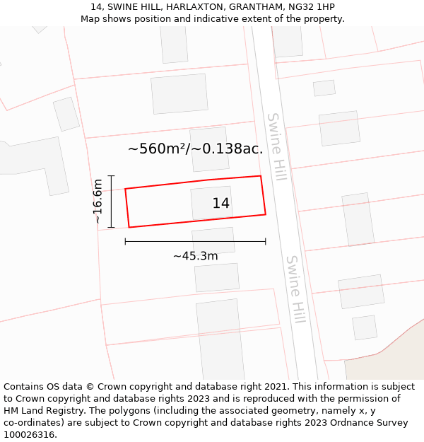 14, SWINE HILL, HARLAXTON, GRANTHAM, NG32 1HP: Plot and title map