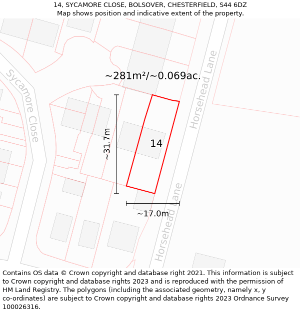 14, SYCAMORE CLOSE, BOLSOVER, CHESTERFIELD, S44 6DZ: Plot and title map