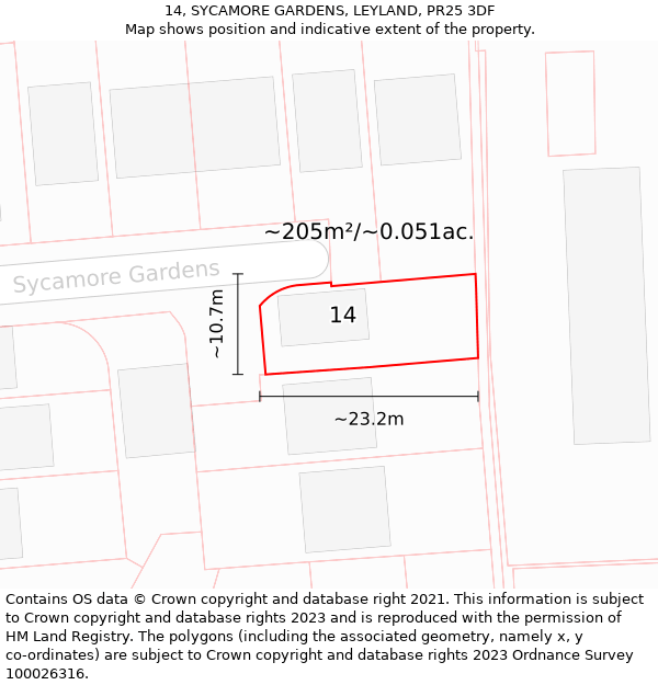 14, SYCAMORE GARDENS, LEYLAND, PR25 3DF: Plot and title map