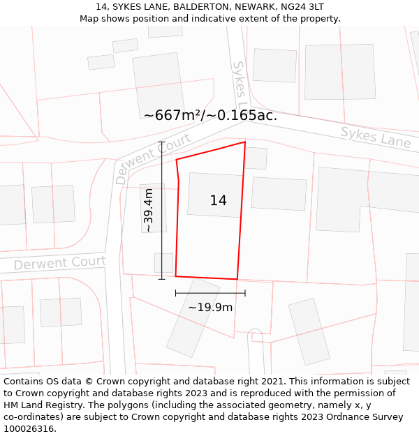 14, SYKES LANE, BALDERTON, NEWARK, NG24 3LT: Plot and title map