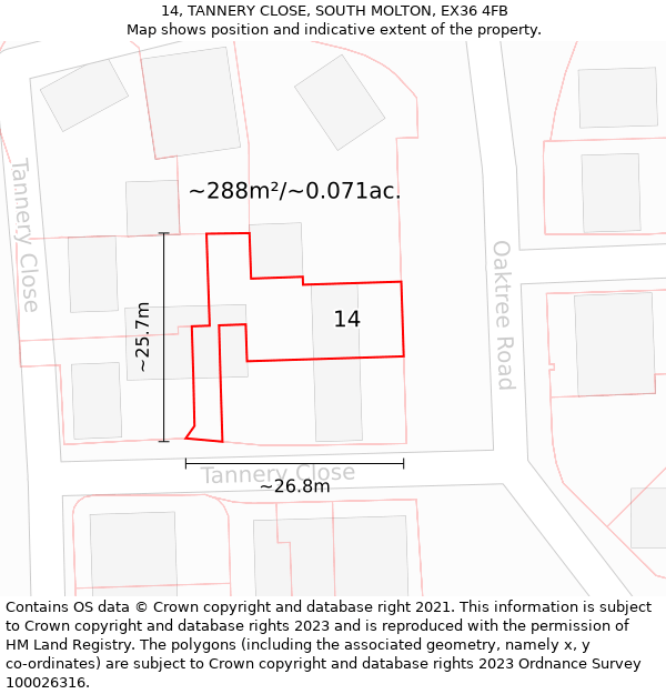 14, TANNERY CLOSE, SOUTH MOLTON, EX36 4FB: Plot and title map