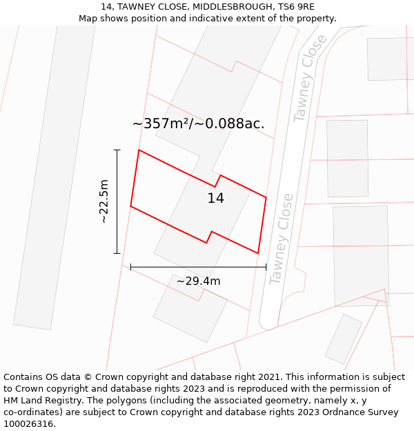 14, TAWNEY CLOSE, MIDDLESBROUGH, TS6 9RE: Plot and title map