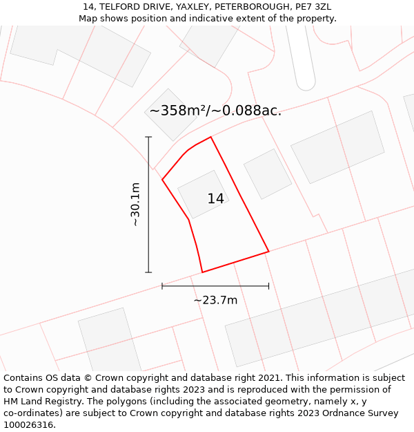 14, TELFORD DRIVE, YAXLEY, PETERBOROUGH, PE7 3ZL: Plot and title map